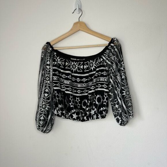 Jen's Pirate Booty Embroidered Long Sleeve Metallic Silver Off Shouder Top Boho - Picture 2 of 5